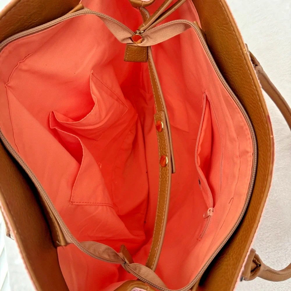 Amiani Pink Beach Bag Tote Zipper Closure Stripped Handbag‎ Gold Shimmer